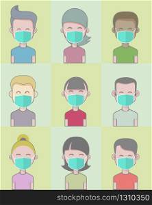 Coronavirus in China. Young People in Green Medical Face Mask. Concept of Coronavirus Quarantine Vector Illustration.