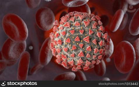 Coronavirus in the blood. A pathogen that attacks respiratory tract. 3D render. Coronavirus in the blood