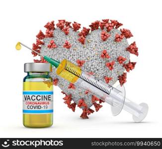 Coronavirus in the shape of a heart next to a syringe and a vaccine. 3D rendering.