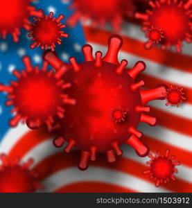Coronavirus in USA theme. Raster wallpaper with American flag. Coronavirus in USA theme. Raster red wallpaper