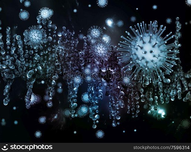 Coronavirus Logic. Viral Epidemic series. 3D Illustration Coronavirus particles and micro space elements for subject of virus, epidemic, infection, disease and health