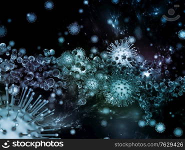 Coronavirus Logic. Viral Epidemic series. 3D Illustration Coronavirus particles and micro space elements for subject of virus, epidemic, infection, disease and health