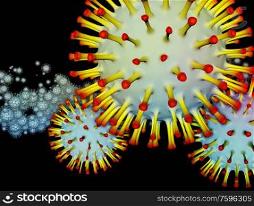 Coronavirus Logic. Viral Epidemic series. 3D Illustration of Coronavirus particles and micro space elements on the theme of virus, epidemic, infection, disease and health