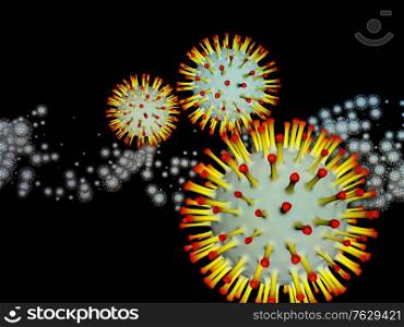 Coronavirus Logic. Viral Epidemic series. 3D Illustration of Coronavirus particles and micro space elements on the theme of virus, epidemic, infection, disease and health