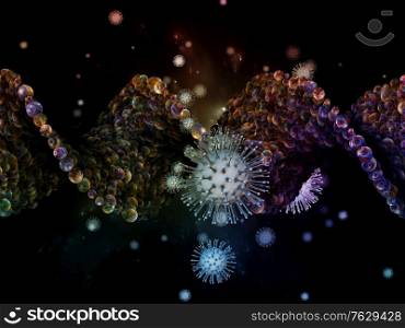 Coronavirus Logic. Viral Epidemic series. 3D Illustration of Coronavirus particles and micro space elements on theme of virus, epidemic, infection, disease and health