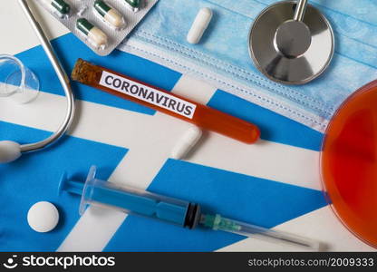 Coronavirus, nCoV concept. Top view protective breathing mask, stethoscope, syringe, pills on the flag of Scotland. A new outbreak of the Chinese coronavirus. Coronavirus, nCoV concept. Top view protective breathing mask, stethoscope, syringe, pills on the flag of Scotland.