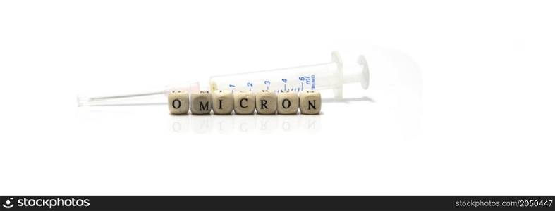 coronavirus omicron or omikron covid-19 vaccine for injection with syringe for infected patient treatment and for immunization of non infected people, coronavirus covid 19 pandemic.. omicron vaccine isolated on white background
