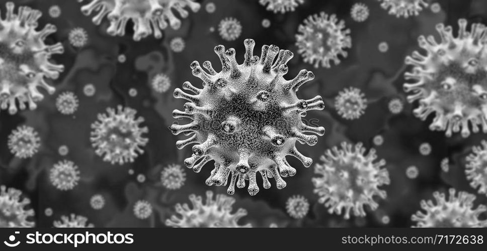 Coronavirus outbreak health crisis and coronaviruses influenza background as dangerous flu strain cases as a pandemic medical health risk concept with disease cells as a 3D render.