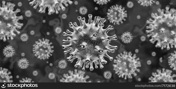 Coronavirus outbreak health crisis and coronaviruses influenza background as dangerous flu strain cases as a pandemic medical health risk concept with disease cells as a 3D render.