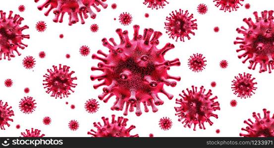 Coronavirus outbreak isolated on white and coronaviruses influenza background as dangerous flu strain cases as a pandemic medical health risk concept with disease cells as a 3D render.