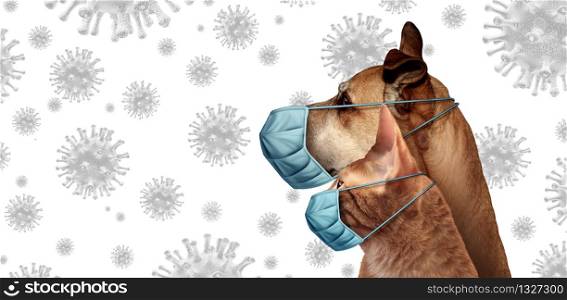 Coronavirus pets as a cat and dog wearing a surgical mask to protect from virus infection or veterinarian pet hygiene health care symbol with 3D illustration elements.