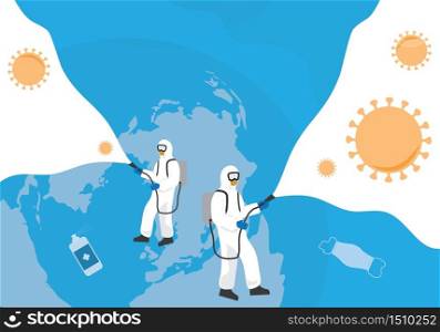 Coronavirus protection. Disinfectant concept. Cleaning and disinfecting. Vector graphic with space for text. People in virus protective suits and mask
