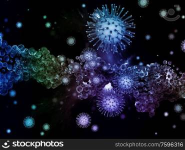 Coronavirus Reality. Viral Epidemic series. 3D Illustration of Coronavirus particles and micro space elements in association with virus, epidemic, infection, disease and health