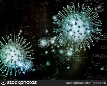 Coronavirus Research. Viral Epidemic series. 3D Illustration of Coronavirus particles and micro space elements suitable in projects related to virus, epidemic, infection, disease and health