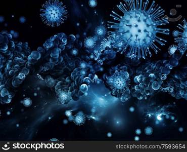 Coronavirus Research. Viral Epidemic series. Abstract composition of Coronavirus particles and micro space elements suitable in projects related to virus, epidemic, infection, disease and health