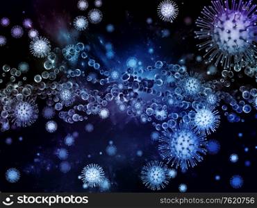 Coronavirus Universe. Viral Epidemic series. 3D Illustration of Coronavirus particles and micro space elements on the subject of virus, epidemic, infection, disease and health