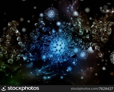 Coronavirus Universe. Viral Epidemic series. 3D Illustration of Coronavirus particles and micro space elements on the subject of virus, epidemic, infection, disease and health
