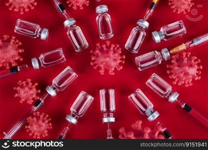 Coronavirus vaccine, bottle and syringe background