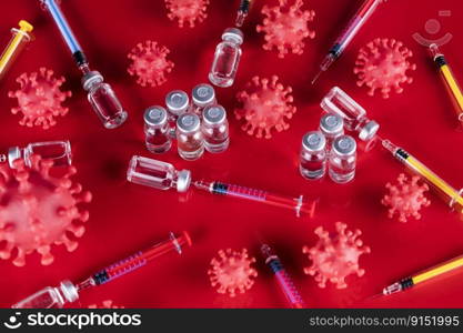 Coronavirus vaccine, bottle and syringe background