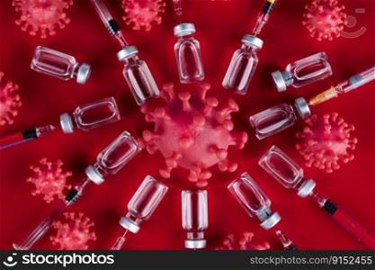Coronavirus vaccine, bottle and syringe background