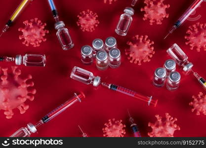 Coronavirus vaccine, bottle and syringe background