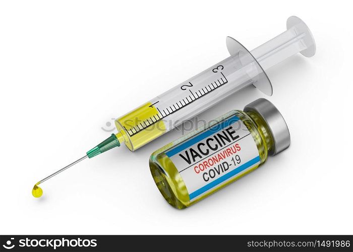 Coronovirus vaccine bottle and syringe. 3d render