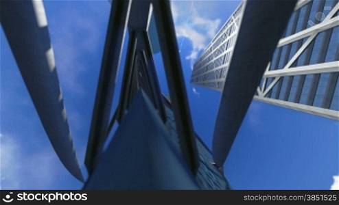 Corporate buildings and time lapse clouds, architectural pov