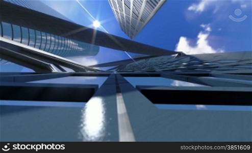 Corporate buildings and timelapse clouds, architectural view