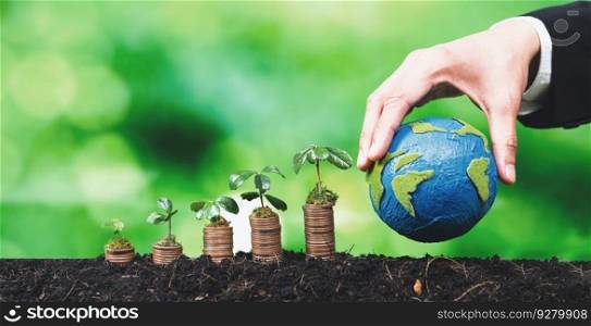 Corporate business invests in environmental subsidies with seedlings growing on coin stack for natural awareness. Eco subsidized growth investment for environment protection and clean energy. Alter. Corporate business invests in environmental subsidies with coin stack. Alter