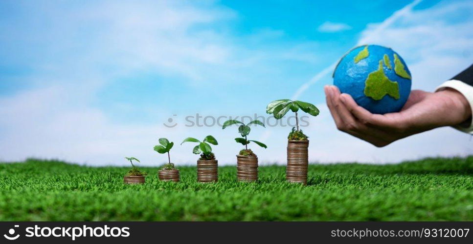 Corporate business invests in environmental subsidies with seedlings growing on coin stack for natural awareness. Eco subsidized growth investment for environment protection and clean energy. Alter. Corporate business invests in environmental subsidies with coin stack. Alter