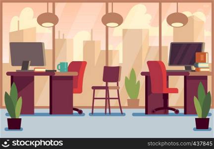 Corporate business office stylish modern interior vector illustration. Office workplace with table and computer. Corporate business office stylish modern interior vector illustration