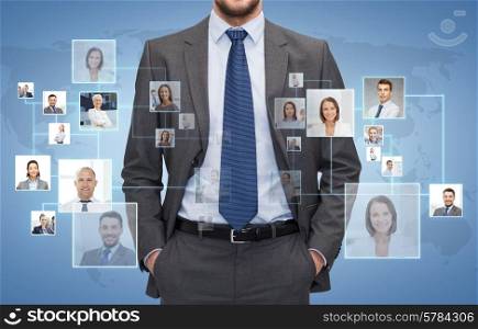corporate business, people and cooperation concept - close up of businessman over blue background with icons of contacts