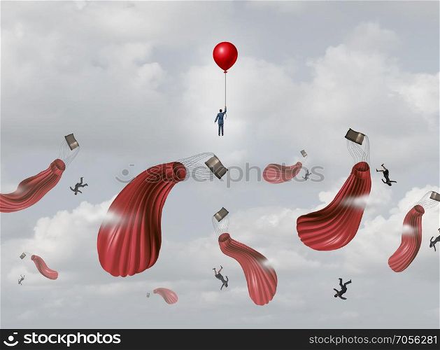 Corporate insurance plan and business protection as a prepared businessman saved by emergency equipment with other people falling from deflated air balloons with 3D render elements.