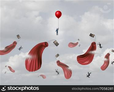 Corporate insurance plan and business protection as a prepared businessman saved by emergency equipment with other people falling from deflated air balloons with 3D render elements.