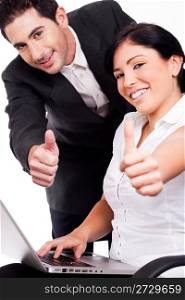 Corporate people showing thumbs up on a white isolated backgroud