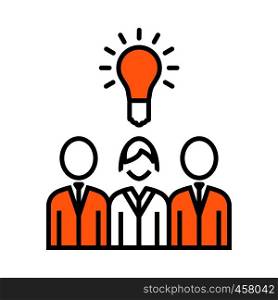 Corporate Team Finding New Idea With Woman Leader Icon. Thin Line With Orange Fill Design. Vector Illustration.