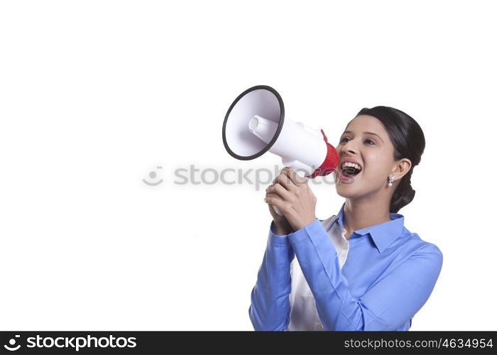 Corporate WOMEN screaming into a megaphone