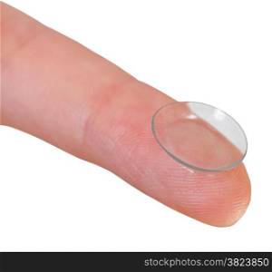 corrective lens on finger close up isolated on white background