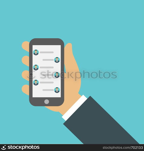 Correspondence of two people. Chat concept. Businessman holds phone in his hand. Eps10. Correspondence of two people. Chat concept. Businessman holds phone in his hand