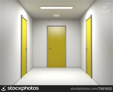 Corridor ending with three yellow doors