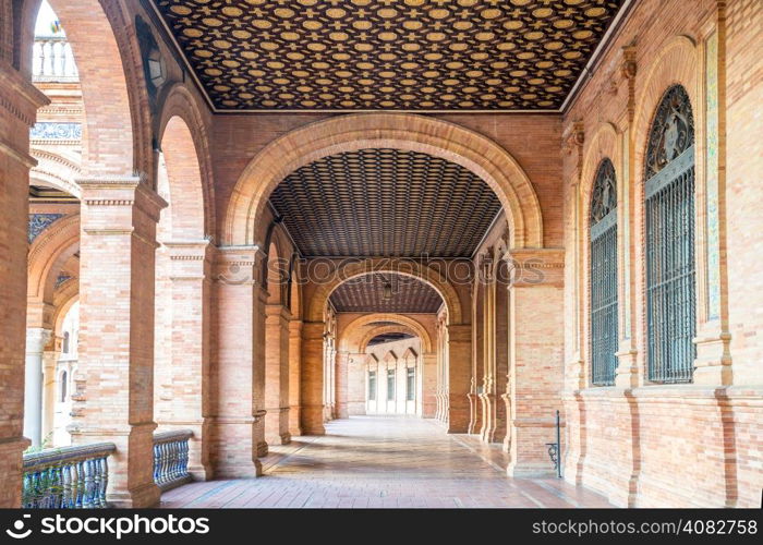 Corridor of Spanish Square espana Plaza in Sevilla Spain