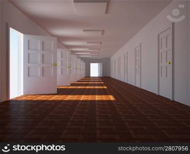 corridor with open doors. 3d
