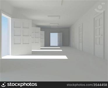 corridor with open doors. 3d