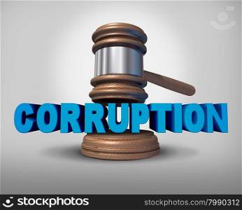 Corruption concept as a justice judge gavel or mallet coming down on the words that represent the criminal act of bribery and fraud as a legal metaphor for dishonest immoral behavior.