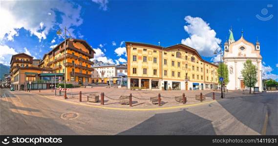 Cortina d&rsquo; Ampezzo main square architecture and church panoramic view, Veneto region of Italy