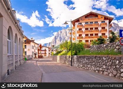 Cortina D&rsquo; Ampezzo street and Alps peaks view, Veneto region of Italy