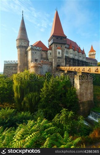Corvin Castle summer morning view (Hunedoara, Transylvania, Romania). Was laid out in 1446