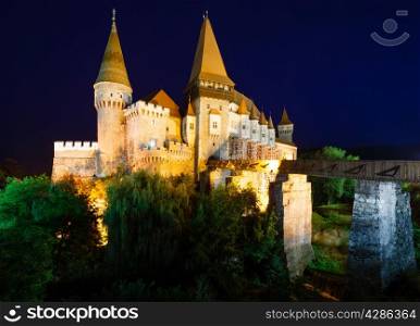 Corvin Castle summer night view (Hunedoara, Transylvania, Romania). Was laid out in 1446
