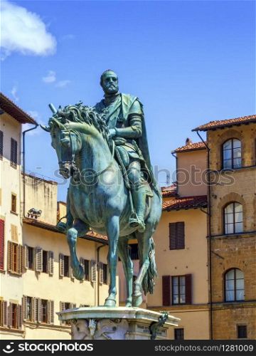 Cosimo Medici&rsquo;s statue on the Piazza della Signoria by Giambologna by day in Florence, Italy.. Cosimo Medici&rsquo;s statue on the Piazza della Signoria by Giambologna in Florence, Italy.