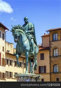 Cosimo Medici&rsquo;s statue on the Piazza della Signoria by Giambologna by day in Florence, Italy.. Cosimo Medici&rsquo;s statue on the Piazza della Signoria by Giambologna in Florence, Italy.